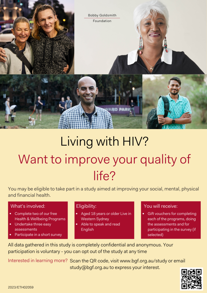 Evaluation of the impacts of BGF’s Health and Wellbeing Programs on the quality of life of PWHIV residing in Greater Western Sydney’ poster